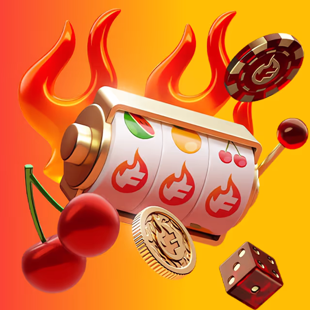 Flamez Kasinon kolikkopeli, jossa on liekkisymboleja, kirsikoita, noppia ja kolikoita kirkkaankeltaisella taustalla – symboloi kuumia voittoja ja jännittävää pelaamista.